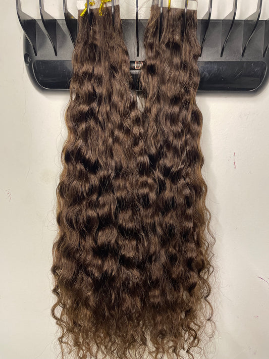 Dark brown Water Wave Curly Tape Extensions